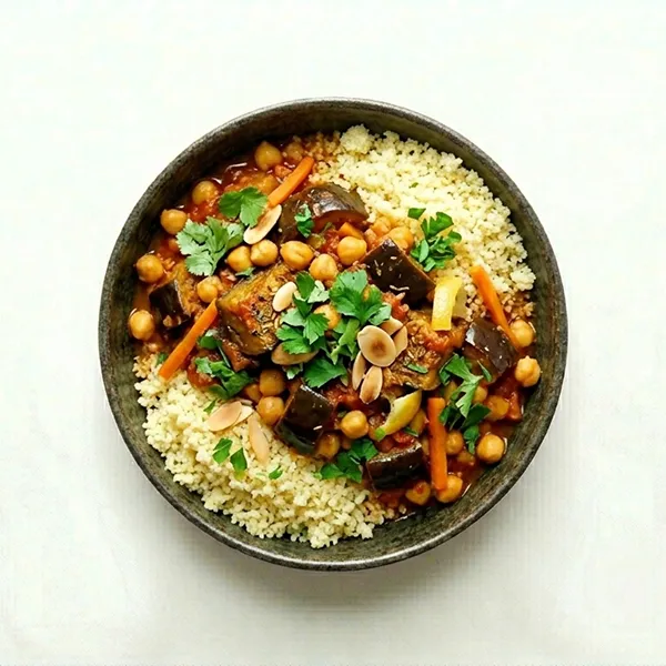 Eggplant & Chickpea Tagine with Steamed Semolina